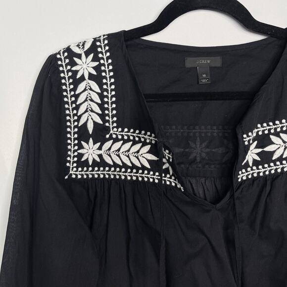J Crew Womens XSmall Black White Embroidered Semolina Top Indian Voile Peasant - Picture 3 of 12